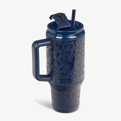 Angle View | Dallas Cowboys 32 Oz Leopard Flip ‘n’ Sip Travel Mug::::Fits in most cup holders