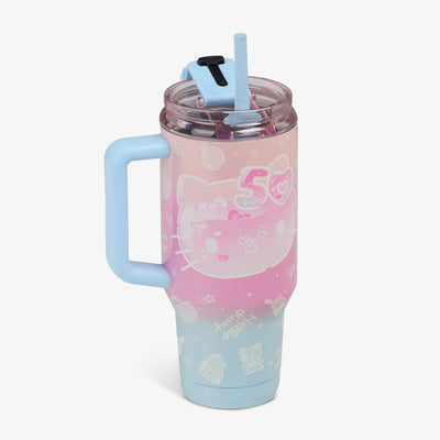 Angle View | Hello Kitty® 50th Anniversary 32 Oz Flip ‘n’ Sip Travel Mug::::Fits in most cup holders