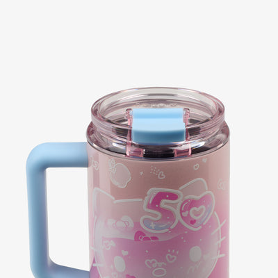 Lid Closed View | Hello Kitty® 50th Anniversary 32 Oz Flip ‘n’ Sip Travel Mug::::Leakproof Flip ‘n’ Sip lid