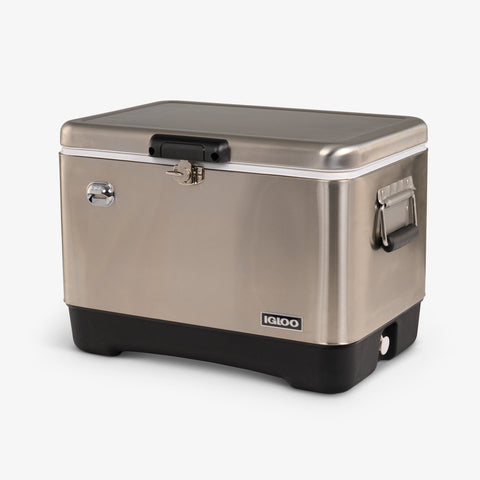 Angle View | Legacy 54 Qt Cooler::Stainless Steel::Secure & easy to carry