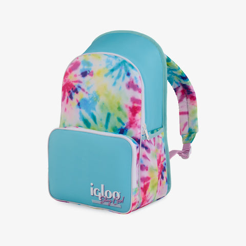 Angle View | Retro Backpack Cooler::Tie-Dye::Soft, exterior fabric