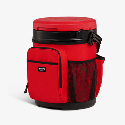 Angle View | 20 Qt Cooler Bucket::Red Heat::Front slip & zip pockets