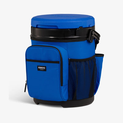 Angle View | 20 Qt Cooler Bucket::Sport Blue::Front slip & zip pockets