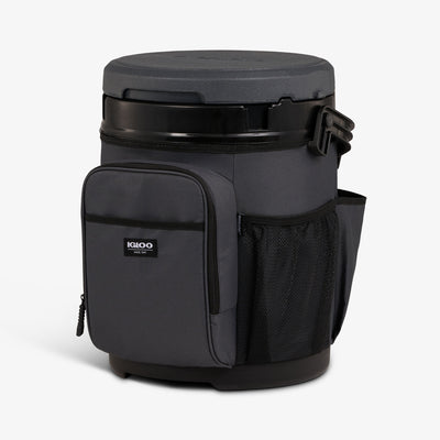 Angle View | 20 Qt Cooler Bucket::Tactical Gray::Front slip & zip pockets