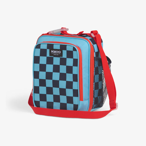 Angle View | Kids Lunch Vertical Cooler Bag::Checkers::Storage pockets