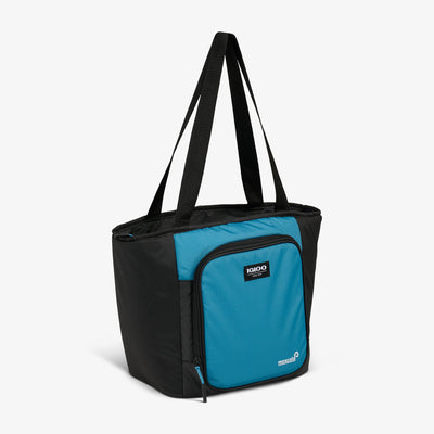 Angle View | Latitude 16-Can Tote Cooler::Modern Blue::Storage pocket 