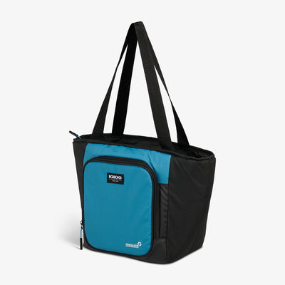 Angle View | Latitude 16-Can Tote Cooler::Modern Blue::100% recycled polyester exterior 