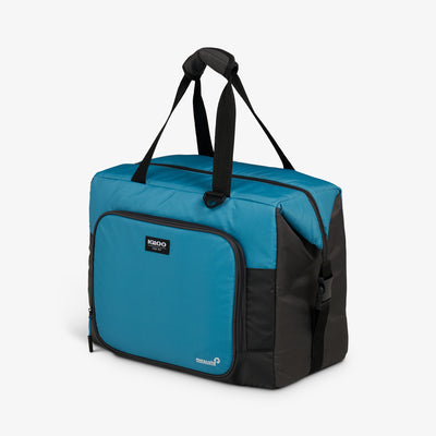 Angle View | Latitude Snapdown 36-Can Cooler Bag::Modern Blue::100% recycled polyester exterior 