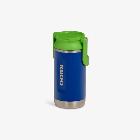 Angle View |12oz Stainless Steel Kids Bottle::Majestic Blue/Nuclear Green::Fits in standard cup holders