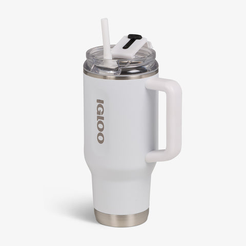 Angle View | 32 Oz Flip ‘n’ Sip Travel Mug::White::Fits in standard cup holders