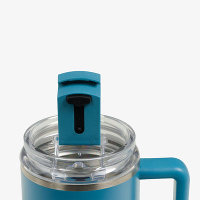 Lid Open View | 15 Oz Coffee Mug::Modern Blue::Leakproof Flip ‘n’ Sip lid 