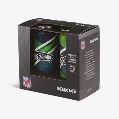 Packaging View  Seattle Seahawks Home & Away 16 Oz Can 2-Pack::::Built-in coaster