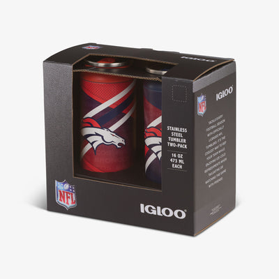 Packaging View | Denver Broncos Home & Away 16 Oz Can 2-Pack::::Built-in coaster