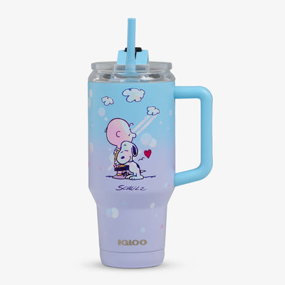 Front View | Peanuts 75th Anniversary 32 Oz Travel Mug::::Textured character print